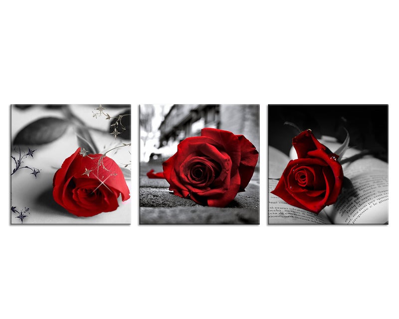 NAN Wind 3 Pcs Red Rose Canvas Art Black and White Red Wall Art Flower Picture Prints Stretched and Framed Triptych 12"X12" Floral Decor Canvas Art for Home Decor Living Room Bedroom - Image 2